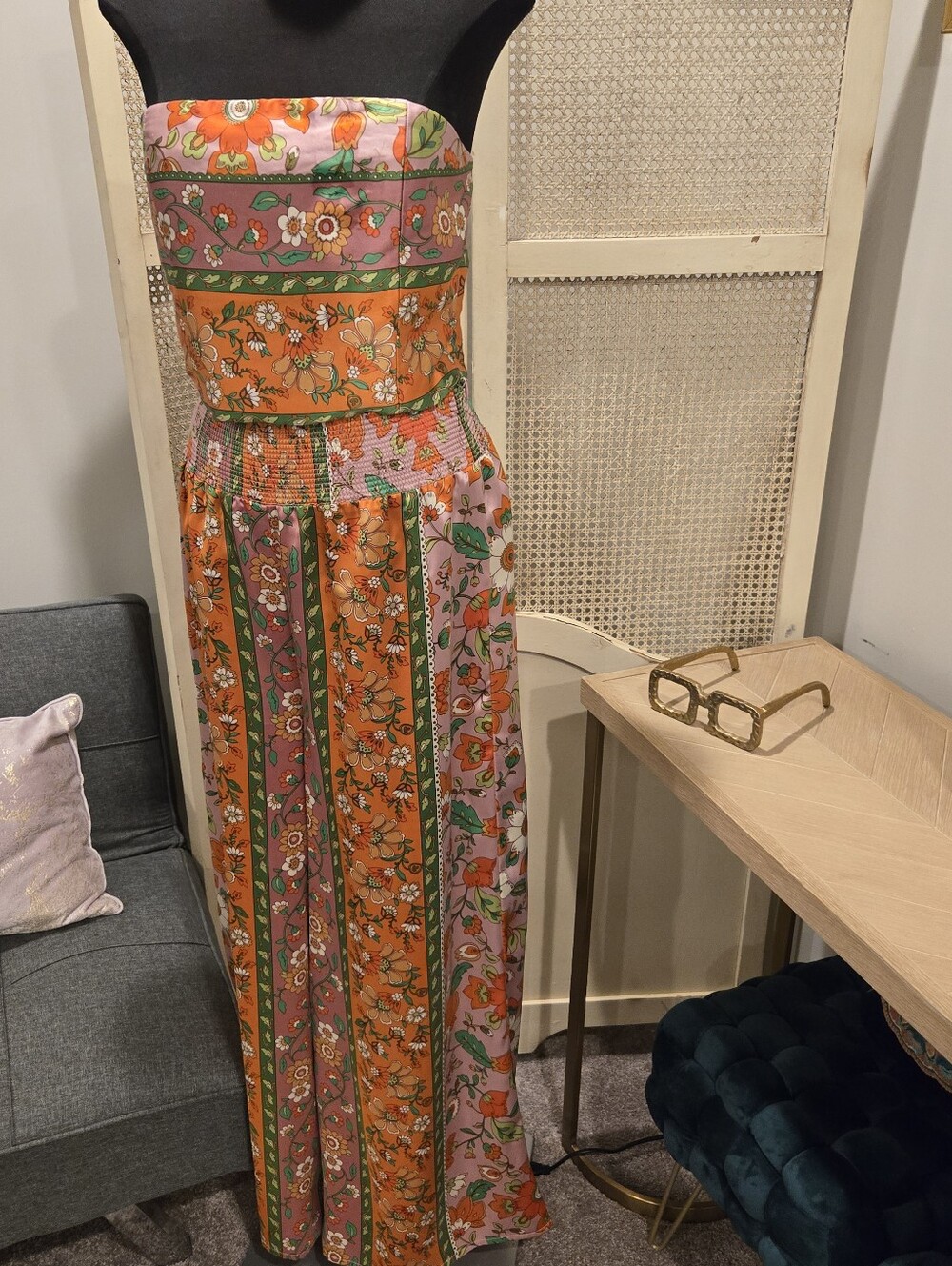 Floral Strapless 2 Piece Set in Orange and Pink - Picture 2 of 5